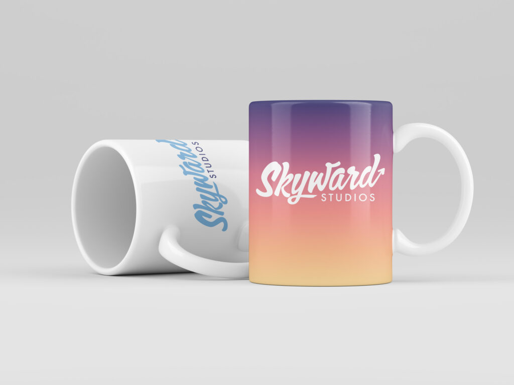 Coffee mugs featuring the logo for Skyward Studios, Christiansburg, VA