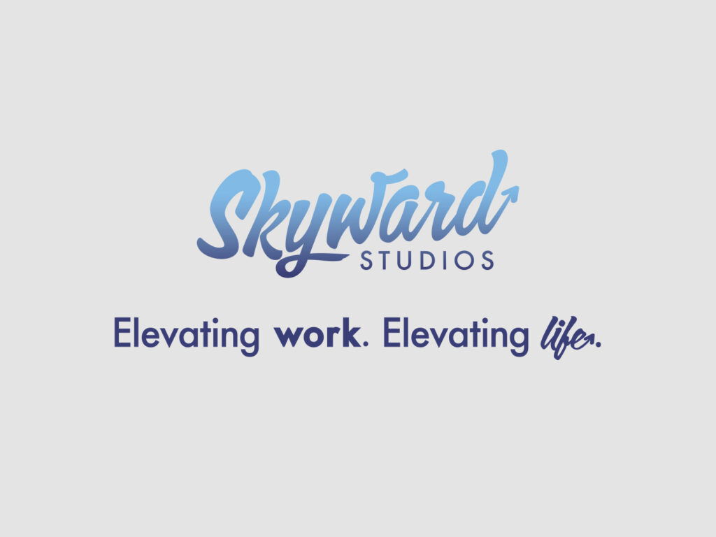 Logo for Skyward Studios, Christiansburg, VA, with the tagline "Elevating Work. Elevating Life."